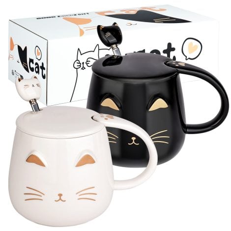 Set de 2 tazas de café felinas con tapa y adorable cucharilla, ideal para amantes de gatos, niñas y mujeres, regalo de cumpleaños y Navidad, capacidad 450 ml, colores blanco y negro.