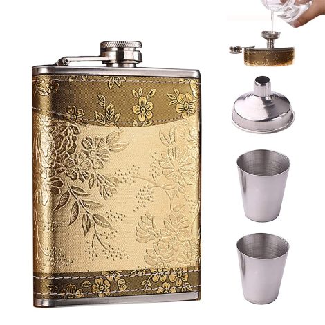 Petaca de acero inoxidable, botella de licor de 8 onzas, petaca de alcohol para hombres, recipiente de metal portátil, whisky con vasos, embudo y caja de regalo, hip flask para ron, brandy y vodka (dorado).