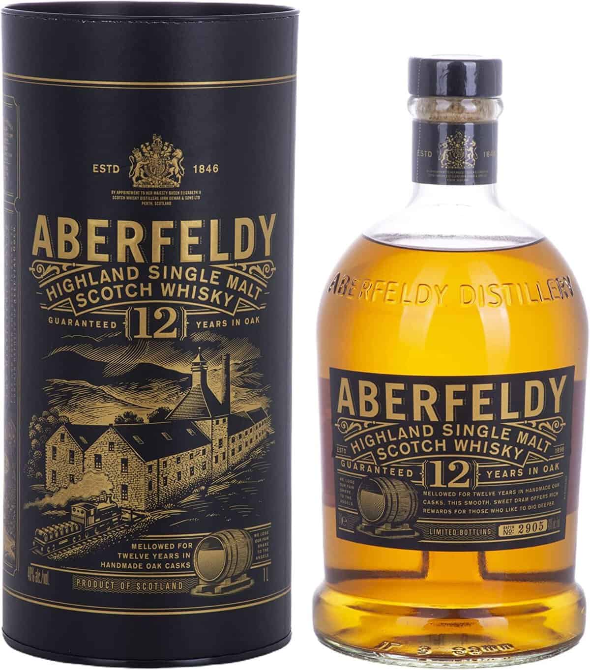 Aberfeldy 12 Años Highland Scotch Single Malt Whisky con estuche de regalo, Whisky añejado en barricas de roble, notas de miel, fruta, especias, vainilla y un toque ahumado, 40 % vol., 100 cl / 1L