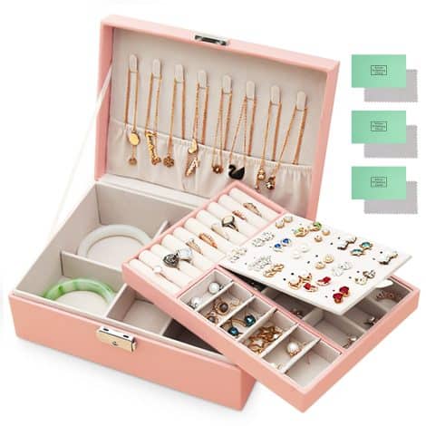 Caja Joyero JOTOL, Organizador Mujer, 2 Niveles con Cerradura para Joyas, Anillos, Pendientes, Collares, Relojes, Rosado.