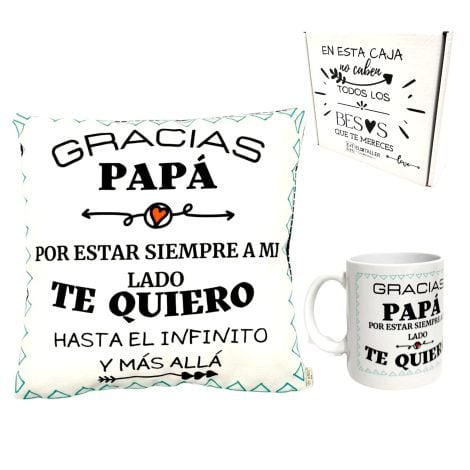 Regalo exclusivo para el Día del Padre: Juego de Taza y Cojín personalizados con frases. Apto para papás primerizos y abuelos. Ideal como regalo de cumpleaños. ¡Papá, te quiero!