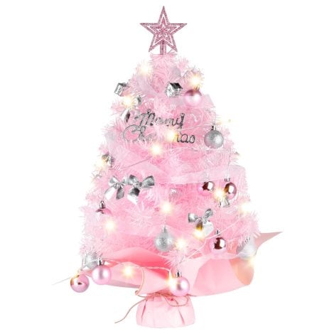 Abeto Navidad 60cm, Siebwin Mini árbol Navidad Rosa con Estrella y Guirnalda LED, ideal para decorar mesa.