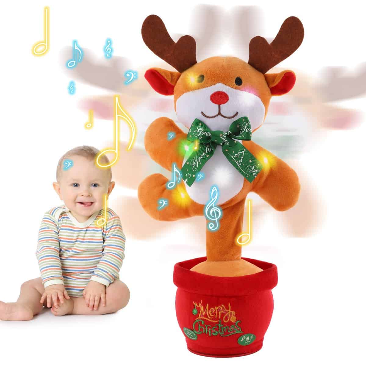 Coikes Peluche de Navidad Que Canta y Baila 40cm/15 Repite tu Voz Figuras De Peluche De Navidad con 3 Música y Luces Juguete De Peluche Eléctrico Adornos de Navidad Decoración Regalos Niños (Alce)