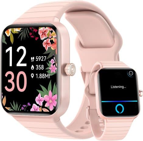 Smartwatch Voigoo para mujer con llamadas, pantalla 1,8″ y Alexa incorporada, resistente al agua IP68. Monitoreo de frecuencia cardíaca, oxígeno en sangre, sueño y más de 100 deportes. Compatible con Android e iOS.