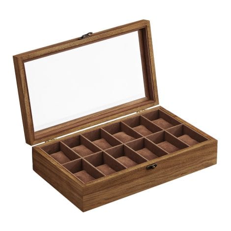 Caja de madera maciza con tapa de cristal y compartimentos para 12 relojes, color nogal. Regalo ideal.