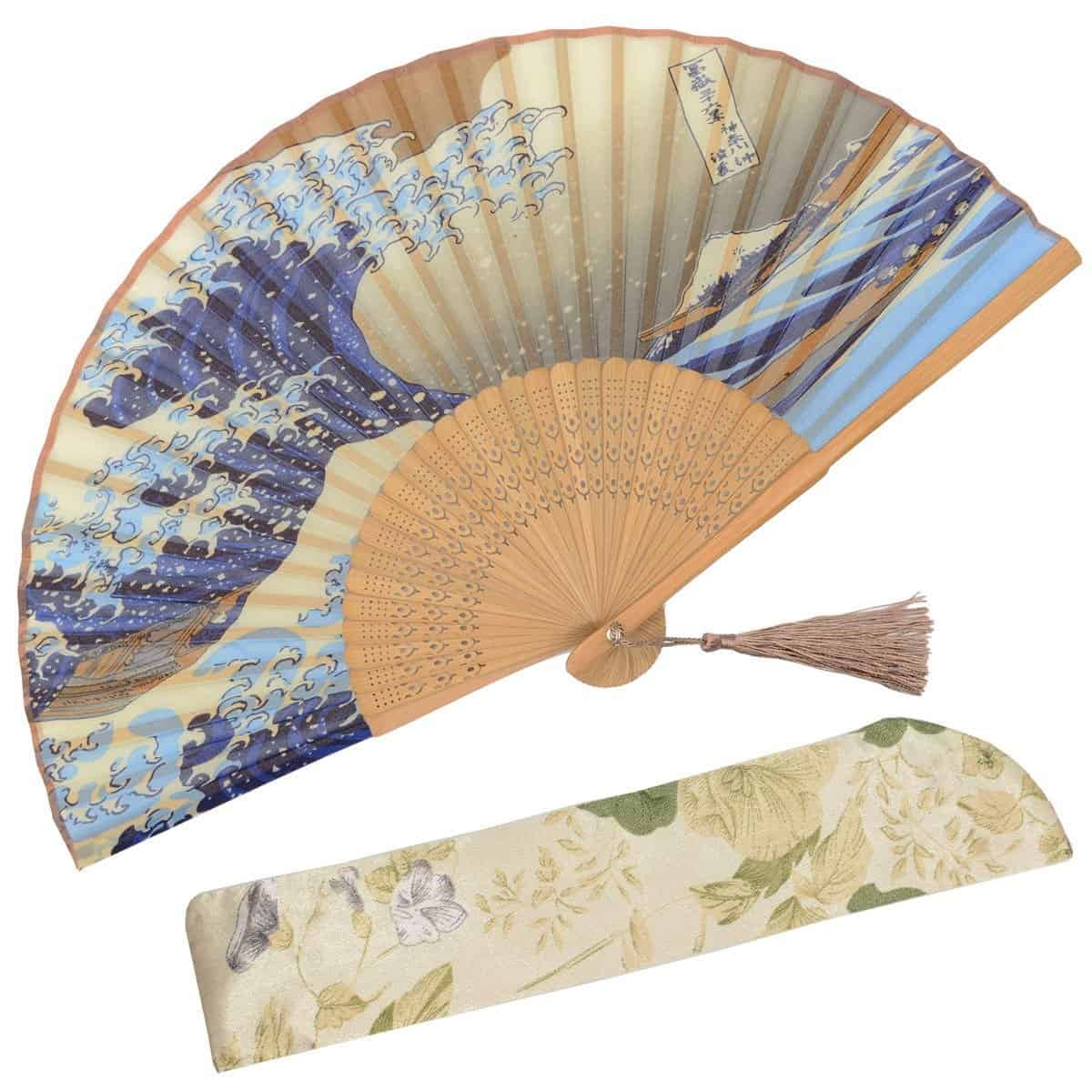 OMyTea Abanico plegable de mano Landscape para mujer, estilo retro chino/japonés vintage para bodas, bailes, iglesia, fiesta, regalos, con una funda de tela para protección (olas de mar Kanagawa)