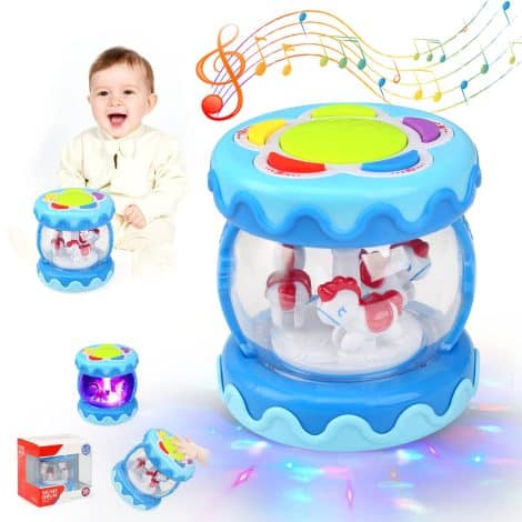 BelleStyle Set Musical Bebé 6-12 Meses, Proyector Unicornio Giratorio con Luces y Sonidos, Tambor Educativo. Regalo Ideal para Bebés que Gatean.