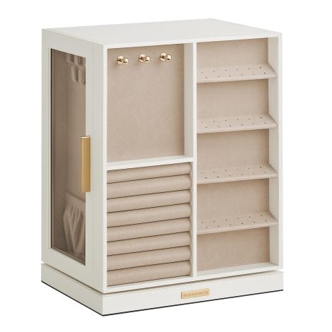 Caja giratoria de joyas SONGMICS con 5 cajones, ventana de cristal, gran capacidad, diseño blanco nube. Ideal como regalo.