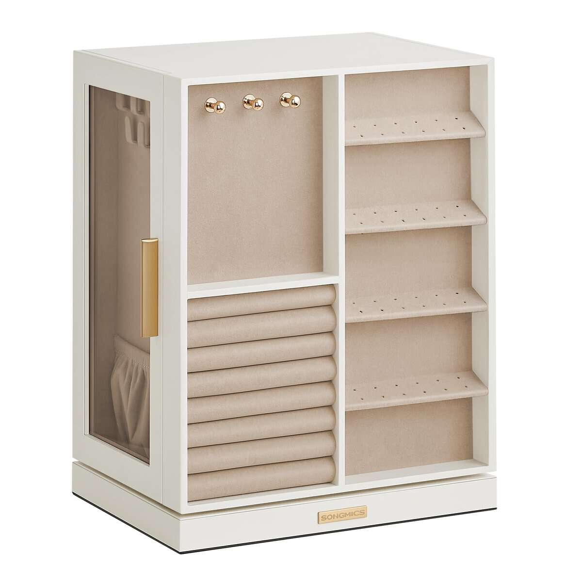 SONGMICS Caja Joyero Giratorio 360°, Caja de Joyas con 5 Cajones, Ventanas Laterales de Cristal, Gran Capacidad, Almacenamiento Vertical, Diseño Abierto, Idea de Regalo, Blanco Nube JBC170W01