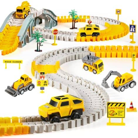 Set de juego de carreras de autos y camiones excavadores, pista flexible para niños de 3 a 6 años.