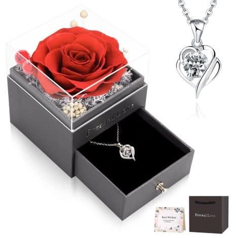 CSYY Rosa Infinita, Detalle para ellas, Rosas eternas con Cadena de Plata, Joyería 925 y Rosas Naturales en Caja Regalo para Navidad.