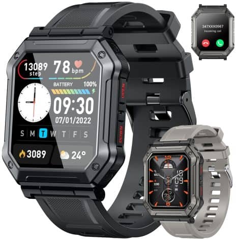 Reloj inteligente Kimeag para hombre con llamadas, Bluetooth, impermeable, 112 modos deportivos, podómetro, ritmo cardíaco, monitor de actividad y seguimiento de fitness para iPhone y Android.