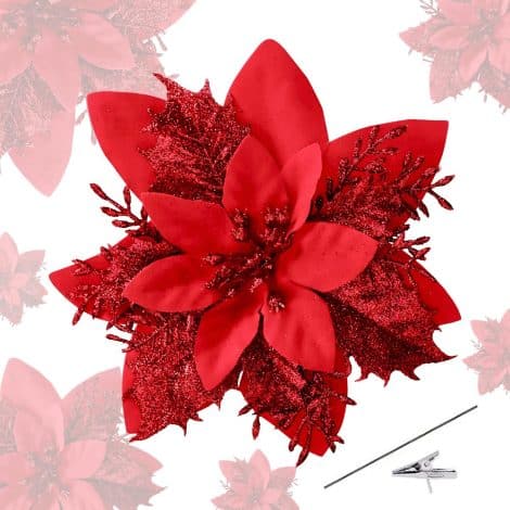 Roqueen 15 flores de Navidad artificiales parpadeantes de 14CM con clips, adornos para el árbol de Navidad. (Rojo)