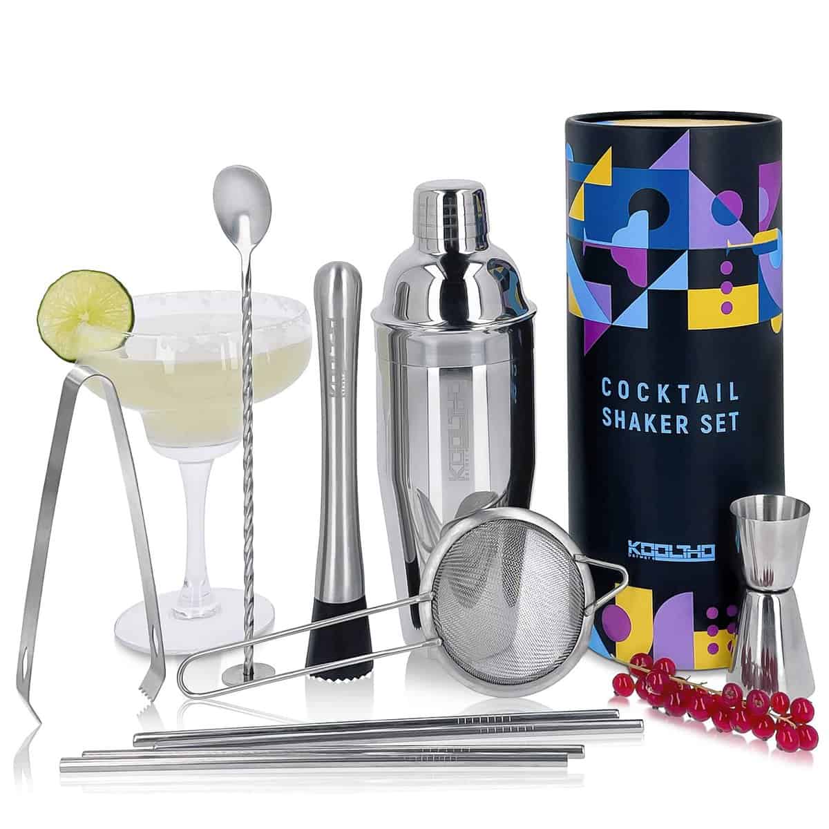 Set Coctelería Coctelera Profesional Cobbler, Regalos Hombre Mujer Originales, Accesorios para Cócteles Medidor Cóctel Mortero Mojito Cuchara Bar tamiz pinzas de hielo pajitas reutilizables Caja