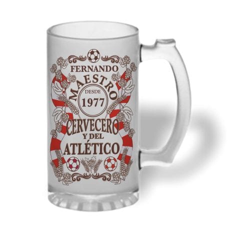 Jarra de cerveza personalizada del Atlético de Madrid con nombre y año. Regalo ideal para hombres, padres y hermanos.