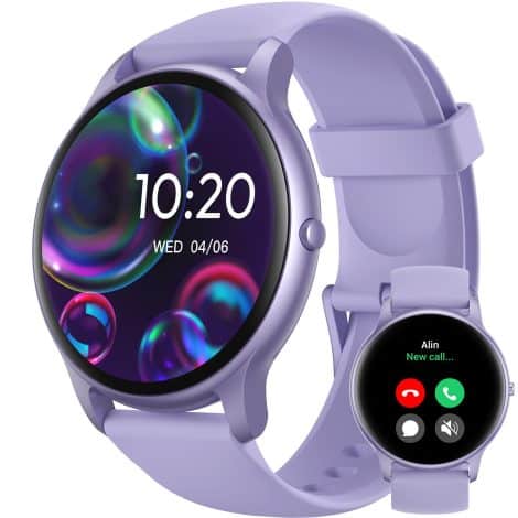 Smartwatch para mujer Parsonver con llamada, pantalla de 1,32″, más de 100 modos deportivos, monitor de ritmo cardíaco y sueño, resistente al agua IP68. Compatible con iOS y Android. Color púrpura. SPROD1.