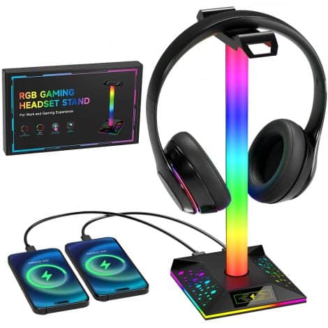 Soporte para Auriculares Gaming con RGB, Cascos y 2 Puertos USB, LED y Estable en Negro.