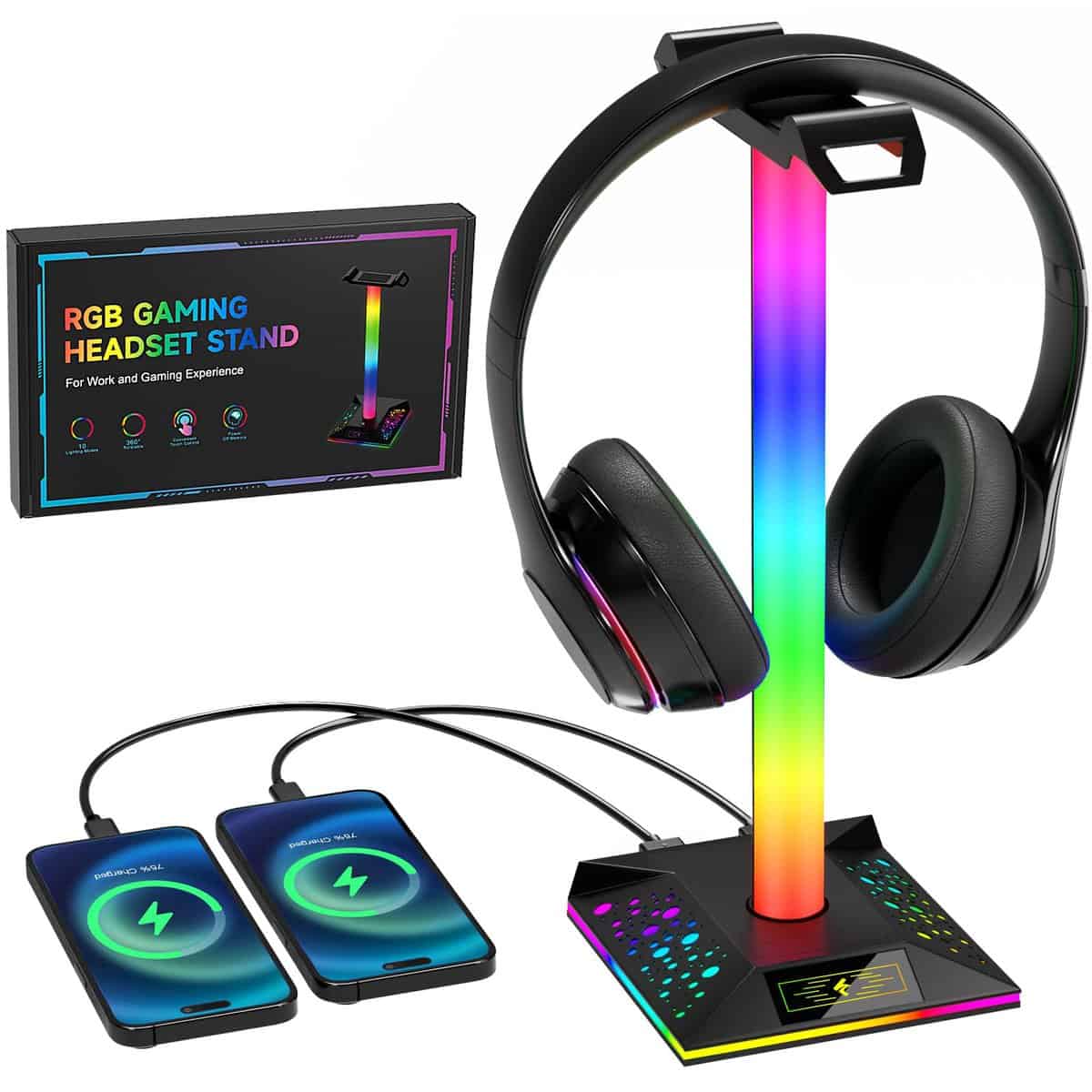 Hcman Soporte Auriculares Gaming RGB Soporte Cascos Soporte Cascos Gaming Accesorios con 2 Puertos USB, LED Soporte Estable para Auriculares Headphone Stand para PC Gamers, Negro