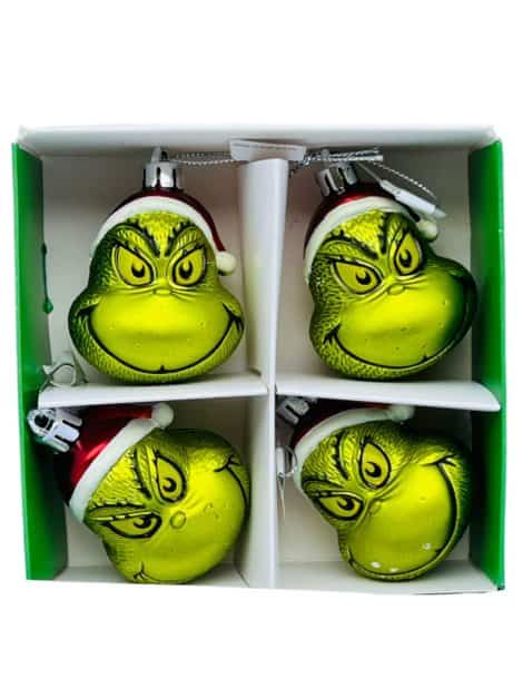 Decoración navideña del Grinch: Bolas para árbol, hogar y temporada festiva. ¡Paquete de 4 bolas!