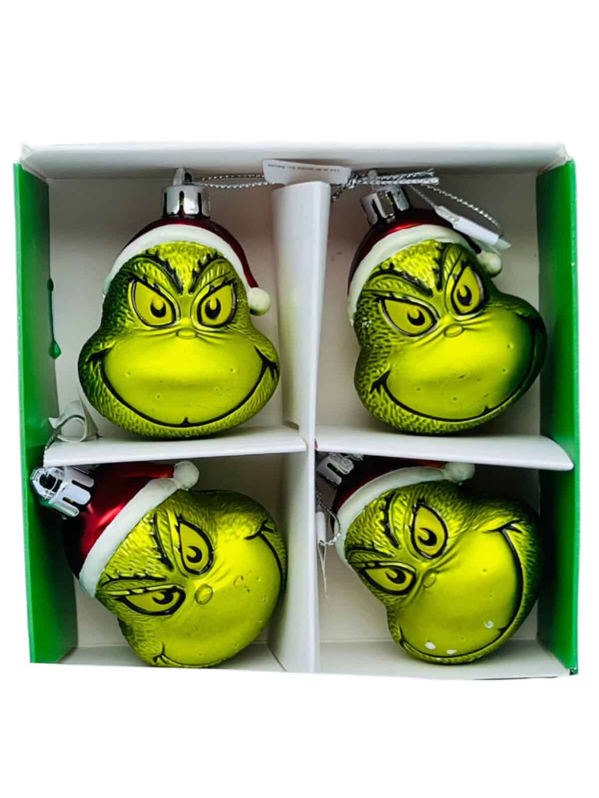 The Grinch Decoración para árbol de Navidad Dr Seuss Bolas para decoración del hogar, decoración de temporada colgante, artículo festivo nuevo (paquete de 4 bolas de cara de Grinch)