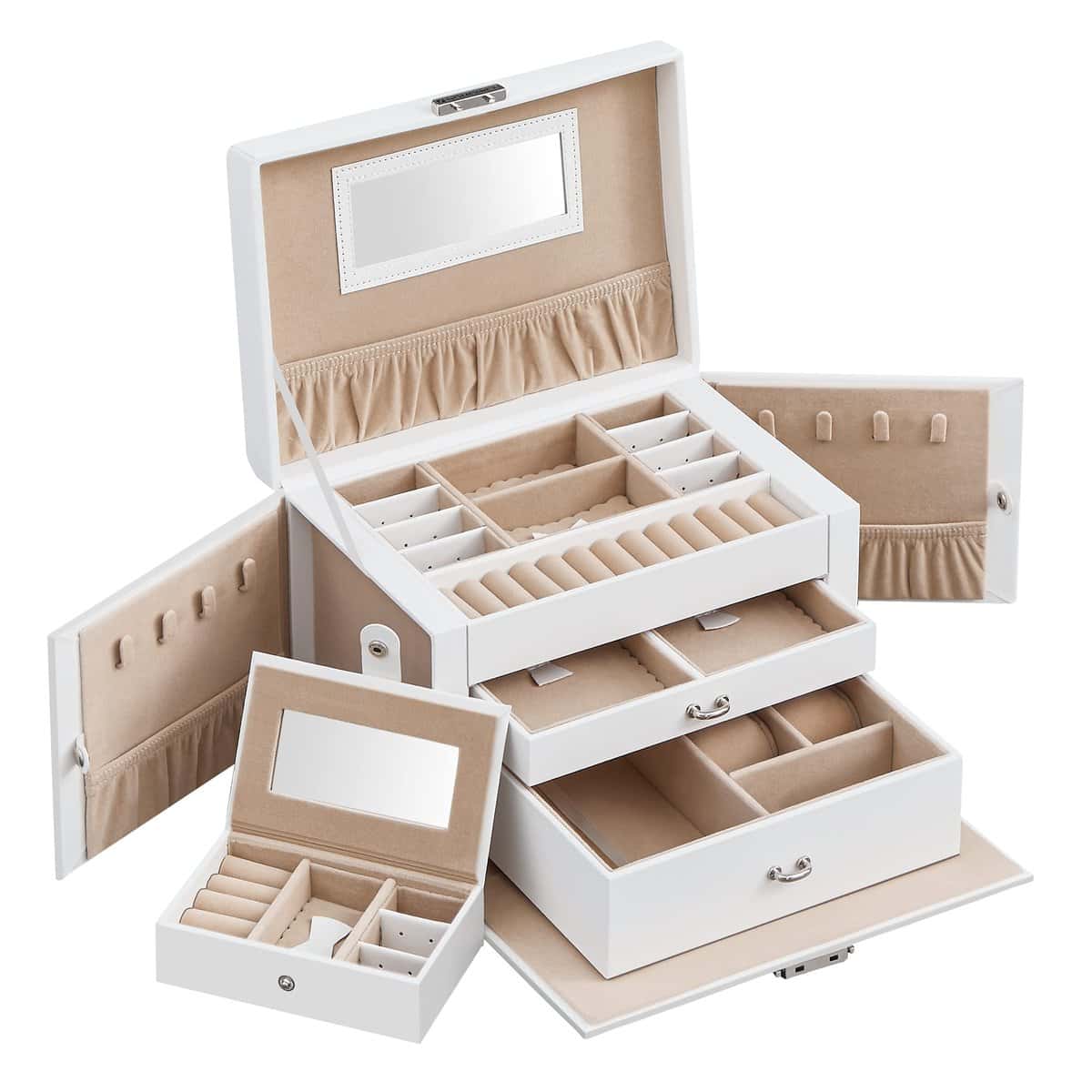 SONGMICS Joyero con 2 Cajones, Caja Almacenamiento para Joyas de 3 Niveles, con Mini Caja Portátil para Viajar, con Asa, Cerradura, Idea de Regalo, Blanco JBC121W
