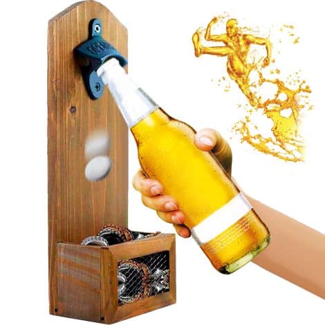 Abridor de Cerveza de Oro, Abrebotellas de Pared con Estilo Retro, Incluye Cestilla para Guardar Tapas, Abrelatas Colgante y Tenedor.