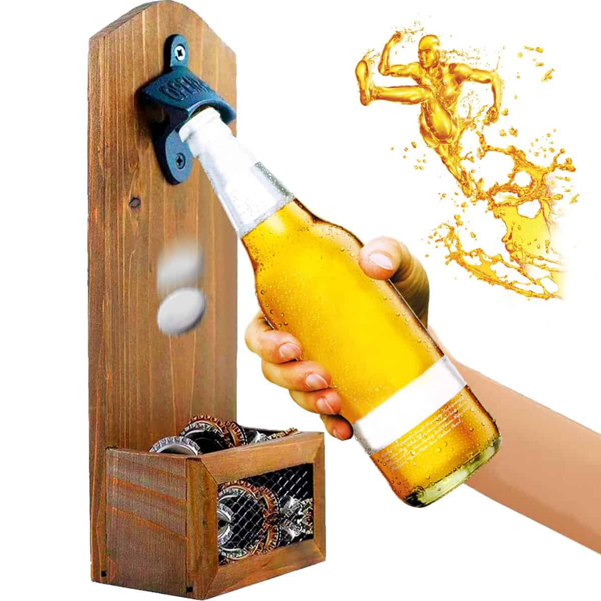 goldmiky Abridor Cerveza,Abrebotellas de Pared, Abridor de Botellas de Madera con Estilo Retro, Hay Una Cestilla Pequeña para Guardar Tapas de Botella,abrelatas Colgante y Tenedor de la Tapa