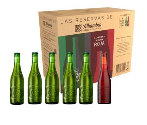 Pack de regalo Alhambra Reserva: 6 cervezas (5 x 33 cl Alhambra 1925, 1 x 33 cl Alhambra Roja Bock Lager) + 1 copa de cristal.