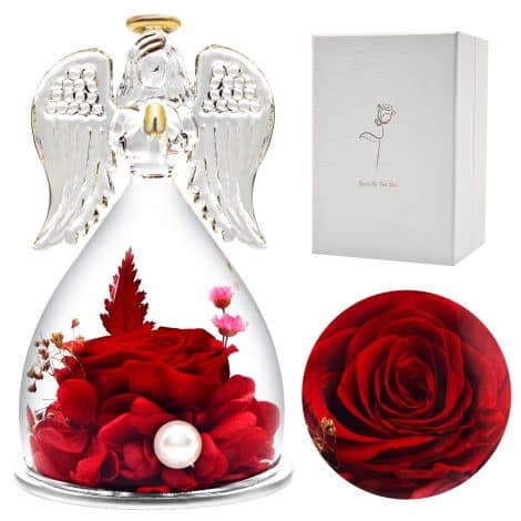 Rosa Infinita con Ángel, Regalo Ideal para Mamá, Cumpleaños o Aniversario (Rojo)