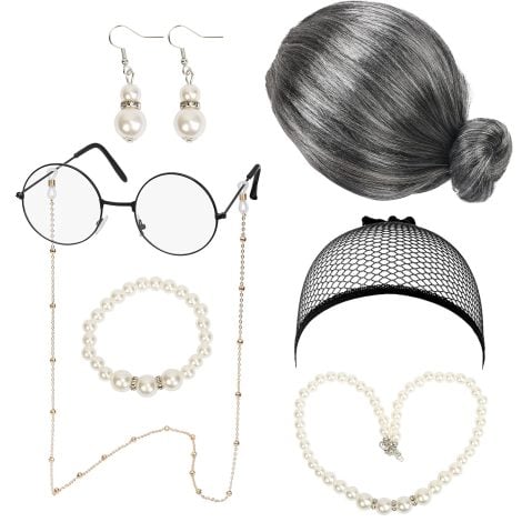 Conjunto de accesorios para disfraz de abuela que incluye peluca, gafas, collar, cadena, y pendientes retro. Ideal para carnavales, Halloween y el Día de los Muertos.