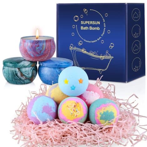 Conjunto SUPERSUN: 6 Bombas de Baño y 3 Velas Aromáticas para Regalos de Baño. Ideal para mujeres, niñas, cumpleaños, aniversario, Día de la Madre y San Valentín.