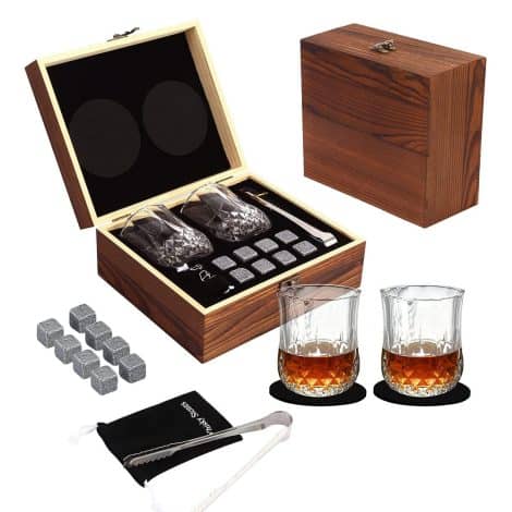 Kit de regalo de piedras para whisky con 2 vasos, caja hecha a mano y 8 piedras de granito, incluye bolsa de terciopelo. Perfecto regalo para él, padrino o boda.