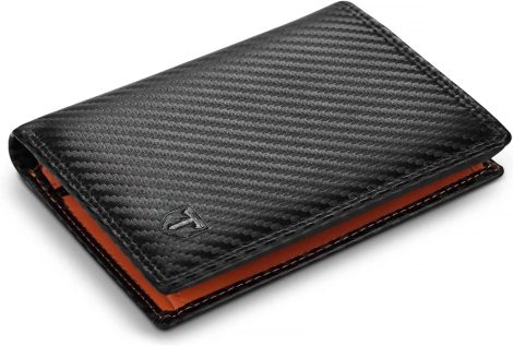 Cartera de hombre TEEHON – Cuero de fibra de carbono, protección RIFD, tarjetero con cremallera. Ideal para Navidad o cumpleaños. (Negro y naranja)