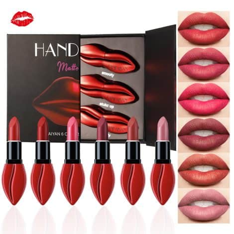 Set de 6 barras de labios rojas de larga duración, mate y con brillo, perfecto para regalo de cumpleaños.