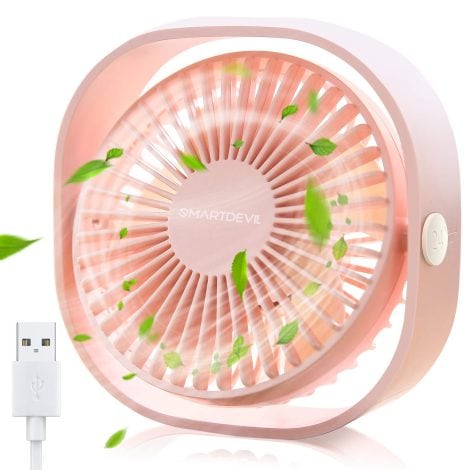 Ventilador USB SmartDevil, mini y silencioso, portátil con 180 velocidades. Ideal para acampar, oficina y viajes. En color rosa.