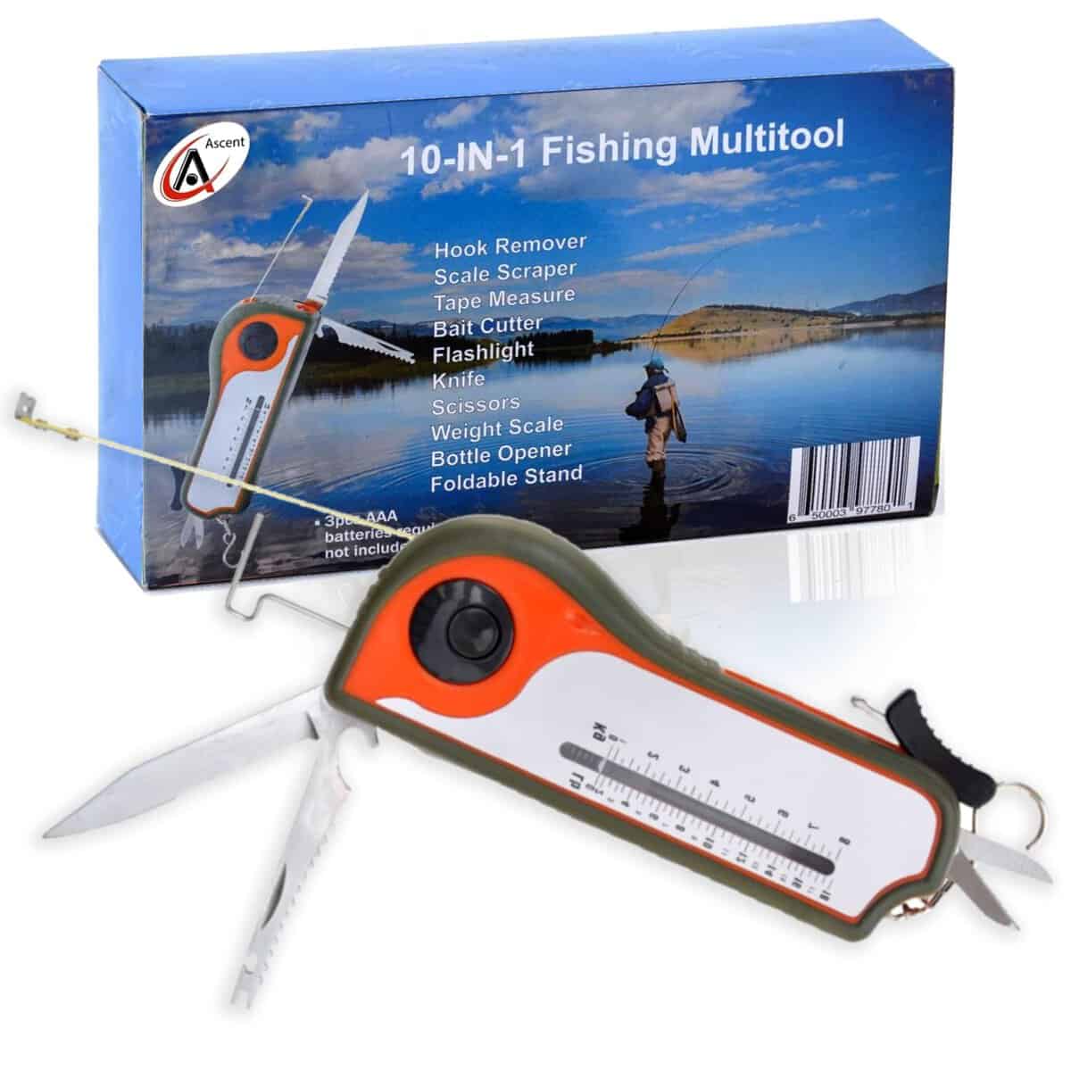 Fisherman Herramienta de Regalo Pesca Multiherramienta-Gancho Remover Escala Scraper, Cinta Medida, Cortador de cebos, Linterna, Cuchillo, Tijeras, Escala de Peso, Abridor de Botellas, Idea de Regalo