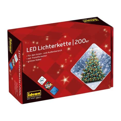 Idena 8325068: Cadena de luces LED de colores (200 LEDs), con temporizador de 8 horas y adaptador, ideal para decorar fiestas, Navidad y bodas tanto en interiores como en exteriores.