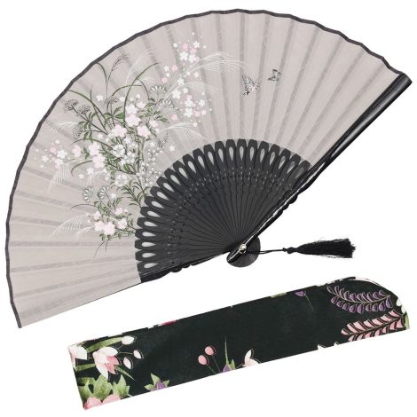 Abanico plegable Grassflower OMyTea, estilo retro chino/japonés, con funda de tela para protección (Gris).