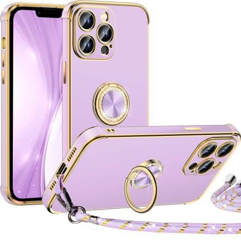 Funda de lujo Miss Arts con soporte, anillo, cordón y protección contra golpes para iPhone 13 Pro de 6.1.