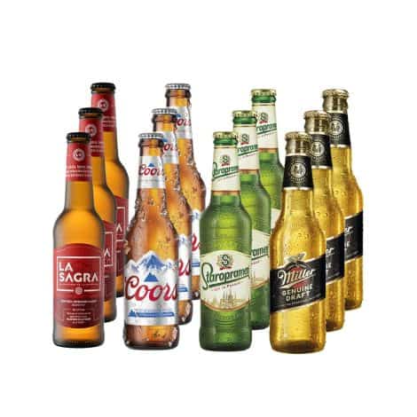 Pack de cervezas de distintas marcas internacionales: 12 botellas de 330 ml – Total: 3960 ml.