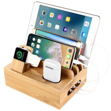 Organizador de escritorio y cargador SETROVIC de Bambú. Dock para varios dispositivos y accesorio de carga para Apple Watch y Airpods.