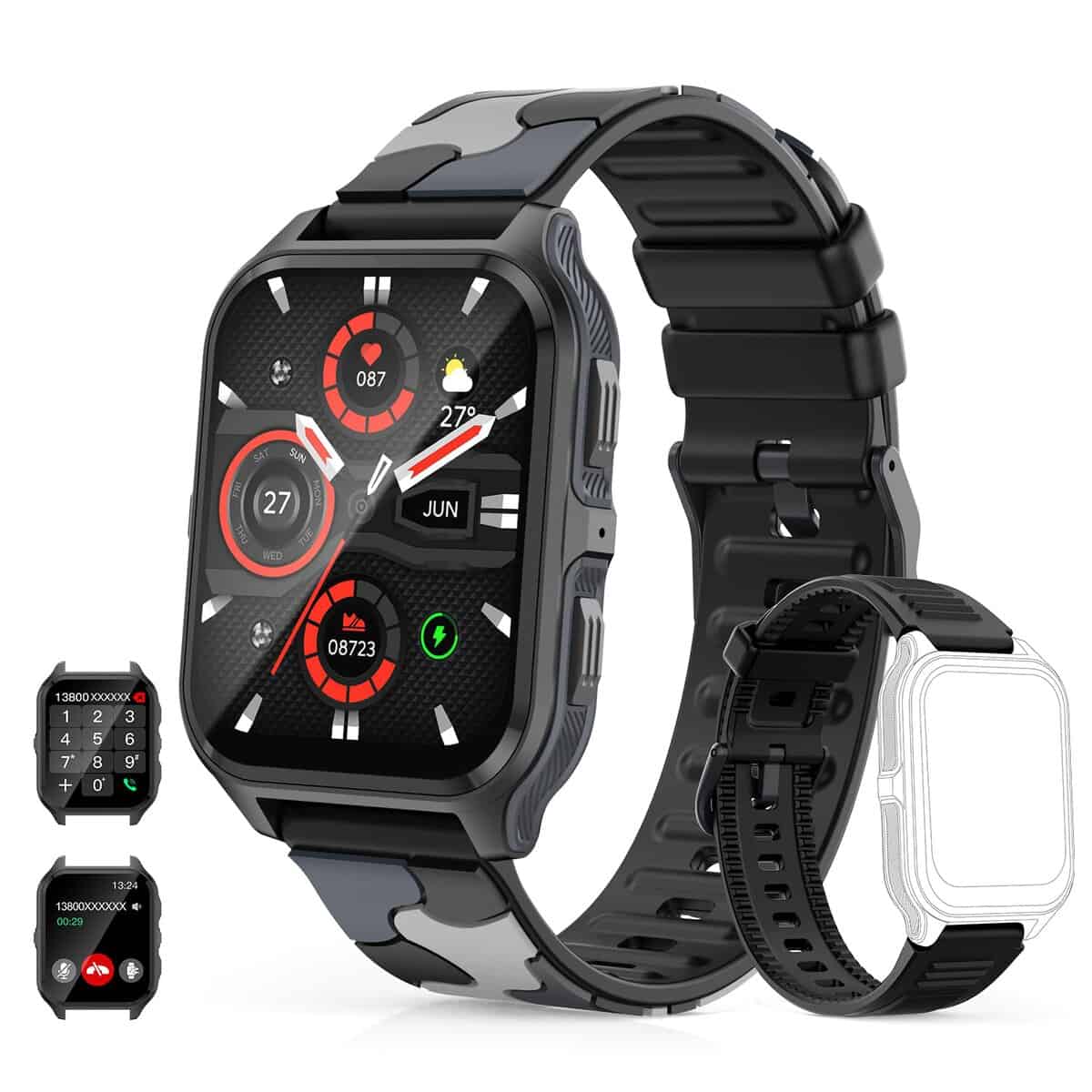 MIGOUFIT Reloj Inteligente Hombre Mujer con Llamadas, Actividad Fitness 1.83'' Smartwatch Militar con Podómetro Sueño de Asistente de Voz,SpO2,con 100+ Deportes Modos de Compatible para Android iOS