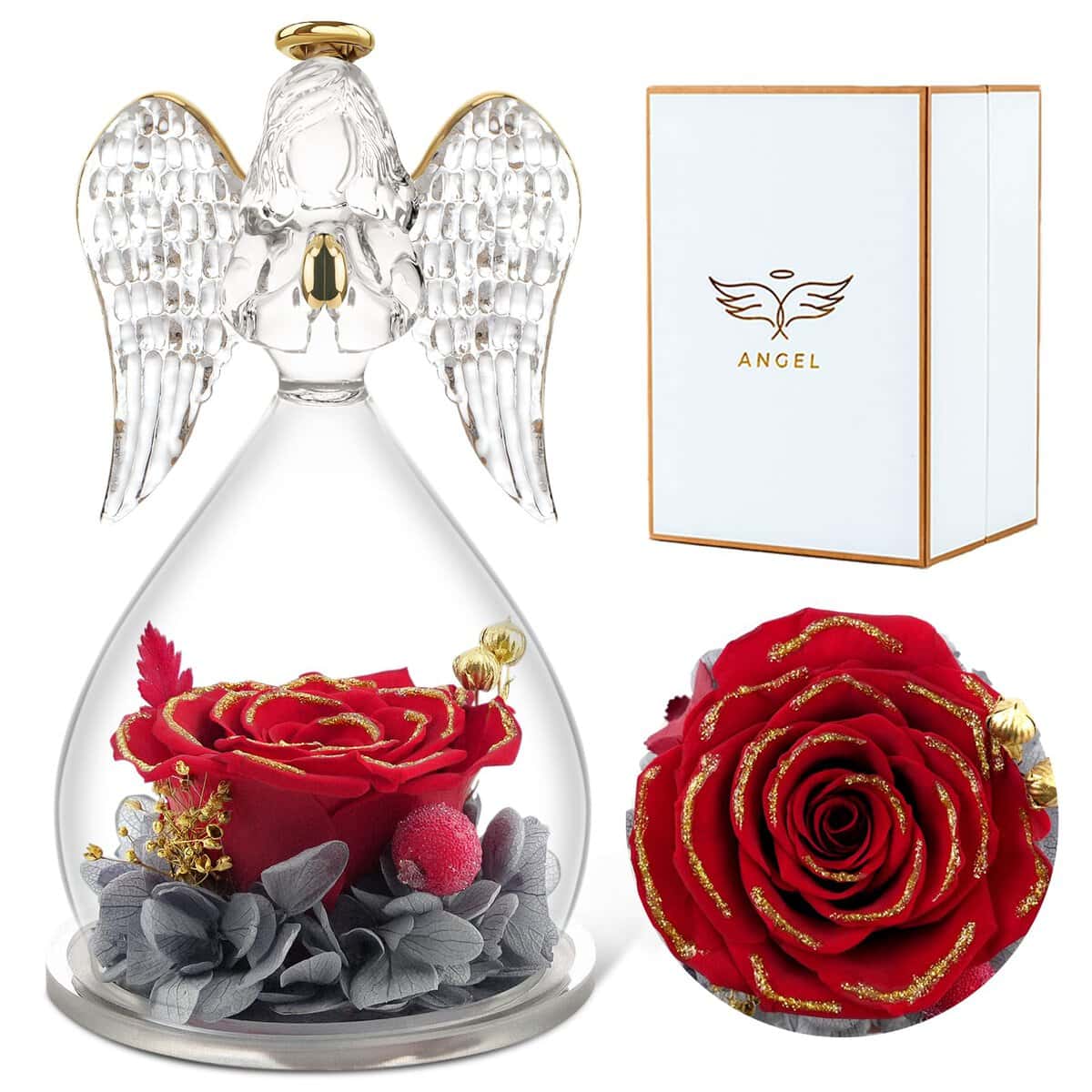 Sunia Rosa Eterna Angel,Regalos Mama,Flores Preservadas en Angels Figurines,Ángel de Cristal con Flores Eternas,Regalo Cumpleaños Mujer,Regalos Originales para Mujer (6-Rojo Dorado)