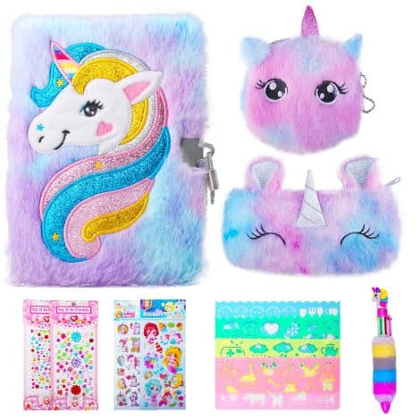 Cuaderno secreto para niñas, bonito y con candado, con unicornios, peluche con monedero y bolígrafo, bolso escolar con pegatinas, regla. Regalo para niñas de 6+ años.