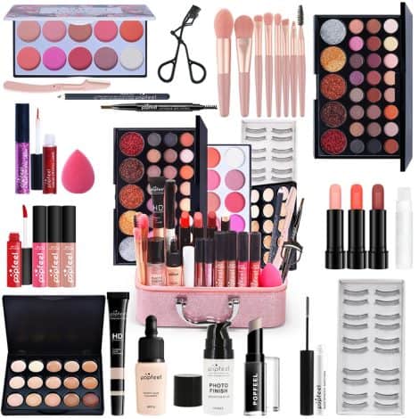 Completo set de maquillaje con sombras, lápiz labial y cosméticos para niñas y mujeres.