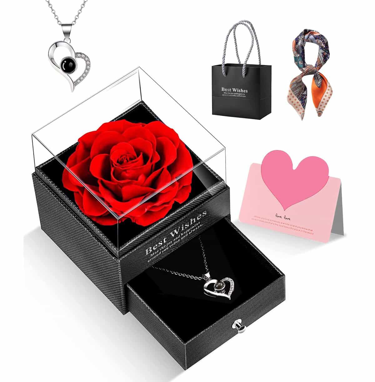 GOICC Rosa Eterna Natural Preservada con Collar Regalos Originales para Mujer Mama Novia Hermana Abuela Caja Regalo (Rojo)