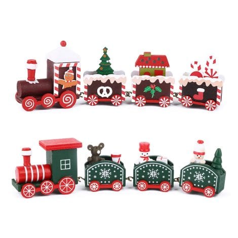 Dúo Festivo: Pequeño Tren de Madera Navideño con 4 Vagones Variados para Decorar Jardín o Escaparate.