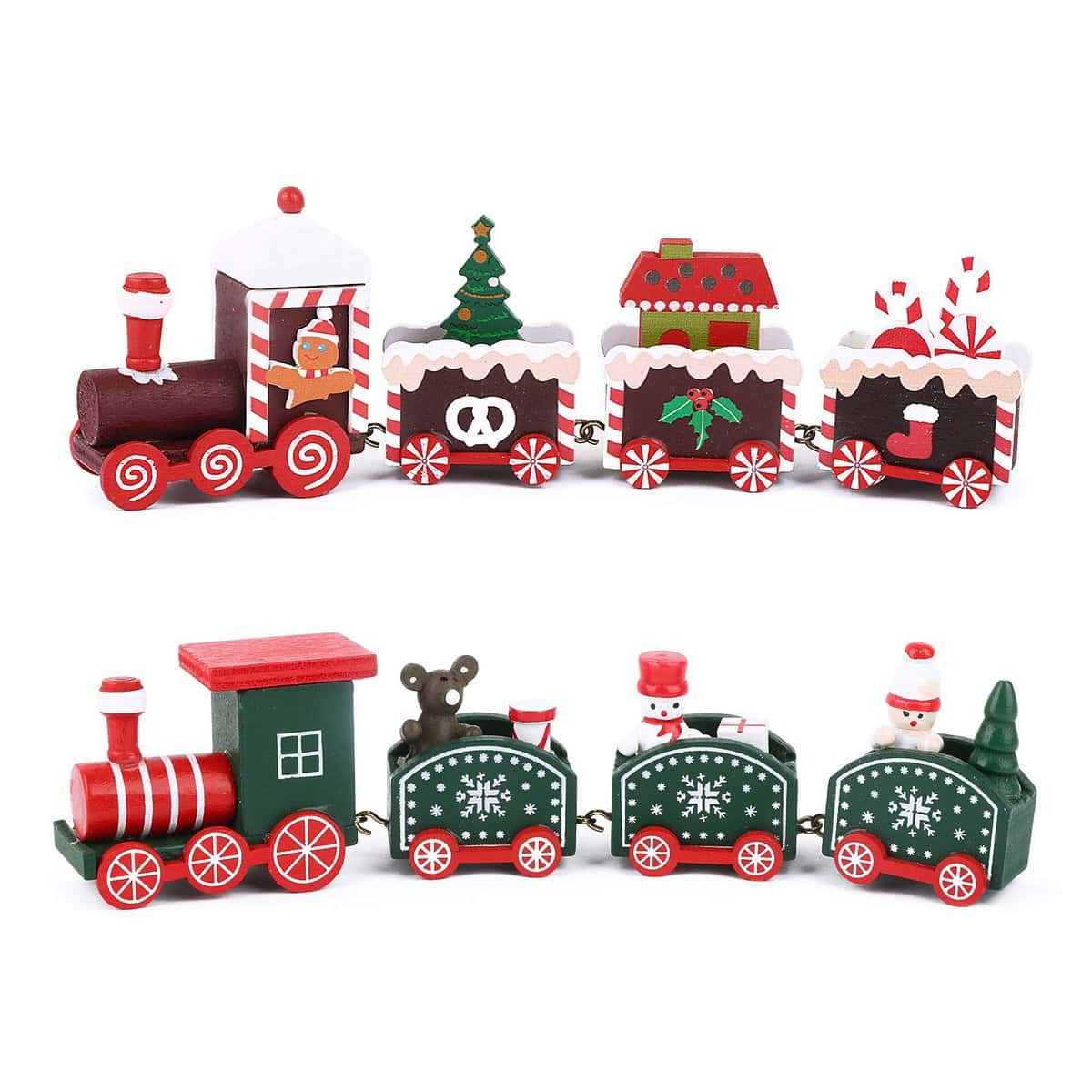 FLOFIA 2pcs Pequeño Tren Navideño de Madera con 4 Vagónes Variados 4.5 * 20cm Mini Tren Madera de Navidad Adorno de Navidad para Decoración Regalos Navideños Jardín Escaparate