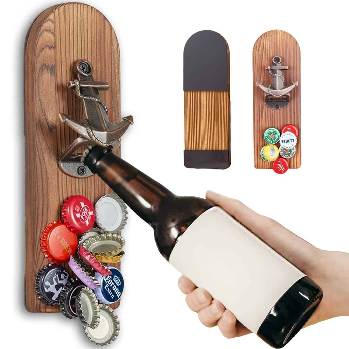 Abridor Cerveza Pared con Imanes Nevera, Abridor Magnético de Madera Retro, Abrebotellas Cerveza con Colector Tapa Botella, Regalos Originales Hombre para Papá, Esposo, Amigos y Colegas (Estilo 2)