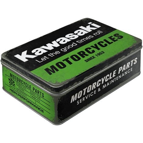 Caja metálica plana retro Kawasaki – Ideal regalo para amantes de motos vintage, capacidad 2,5 l.